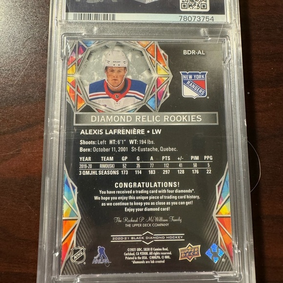 Upper Deck Diamond Relic Rookies Card Alexis Lafraniere - Picture 2 of 2
